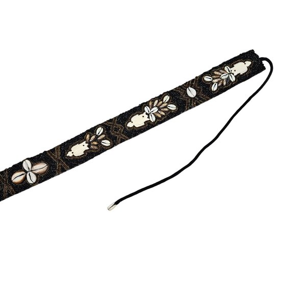 Handcrafted Beaded Black Beige Bohemian Belt Cowrie Shells Carved Turtle Tie - Picture 9 of 11